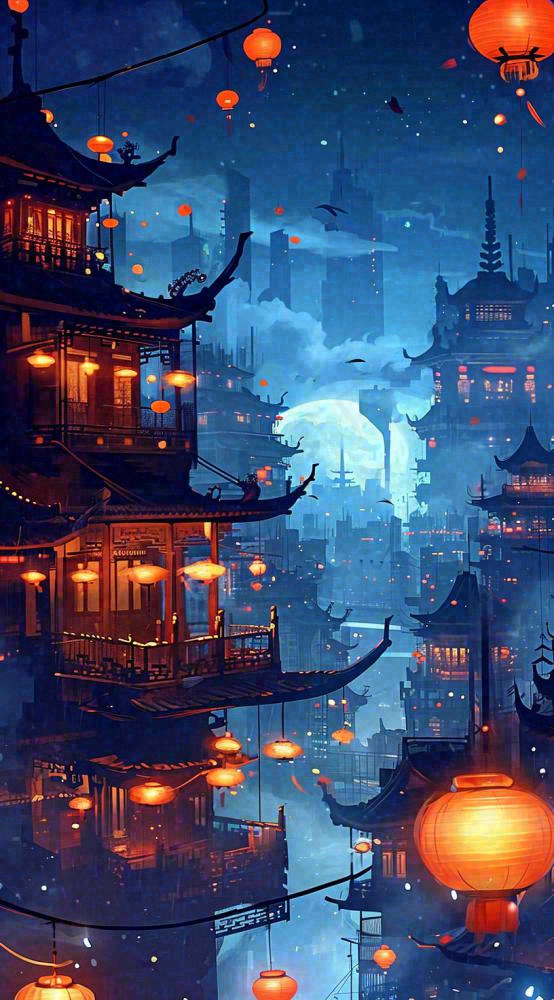 夜晚夜景月亮国风建筑灯笼星空浪漫，恐怖悬疑