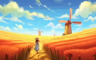 秋天麦田里的女孩背影插画背景