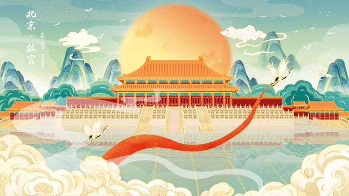 中国风国潮古建筑地标城市古风建筑阁楼印象地标手绘插画PSD素材