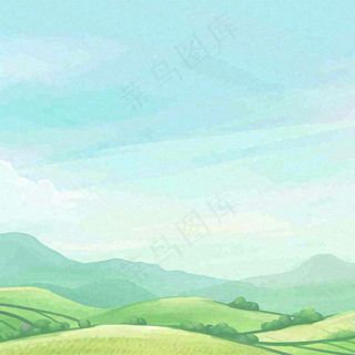 春天清新山脉田间草地绿植手绘插画