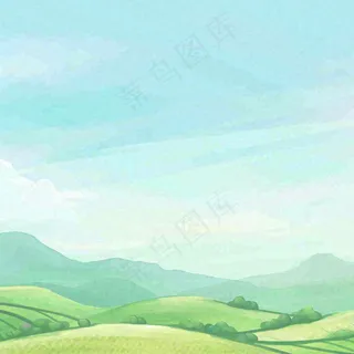 春天清新山脉田间草地绿植手绘插画