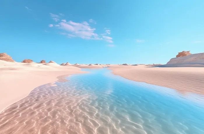 空旷的沙滩，清澈的海水，浅蓝色和浅米色的风格，超逼真的水摄影图(5440x3584)