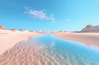 空旷的沙滩，清澈的海水，浅蓝色和浅米色的风格，超逼真的水摄影图