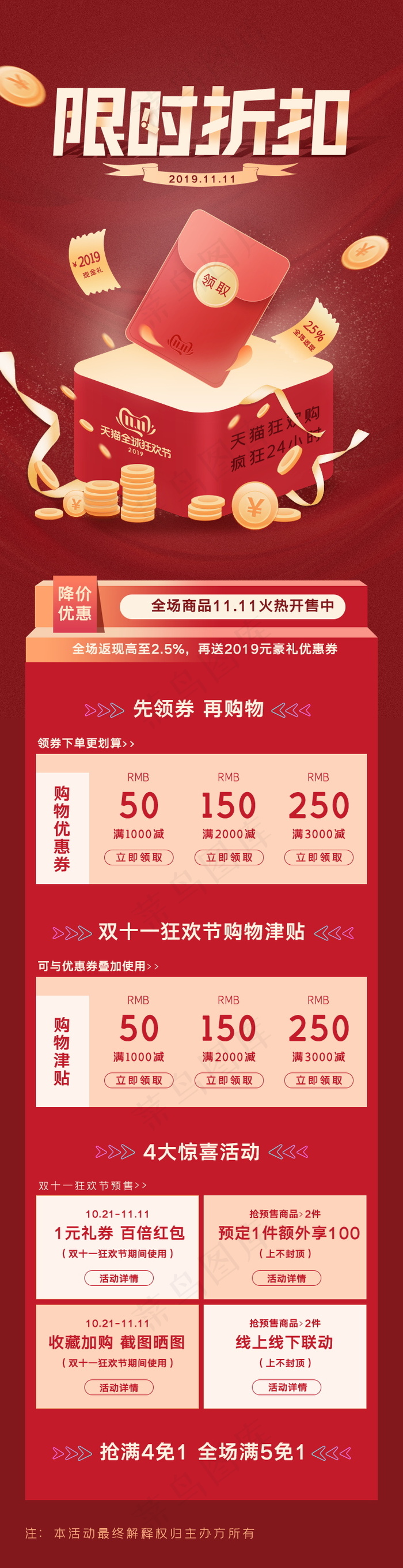 双十一购物节红包长图psd模版下载