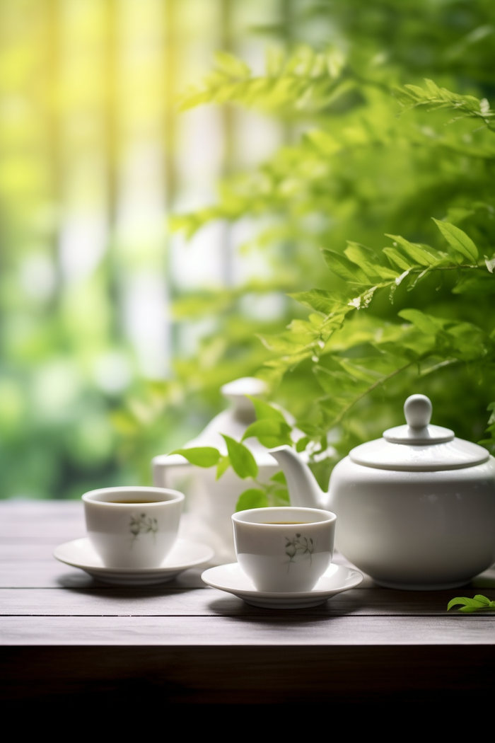 餐桌上的咖啡杯下午茶绿植阳光光影摄影图