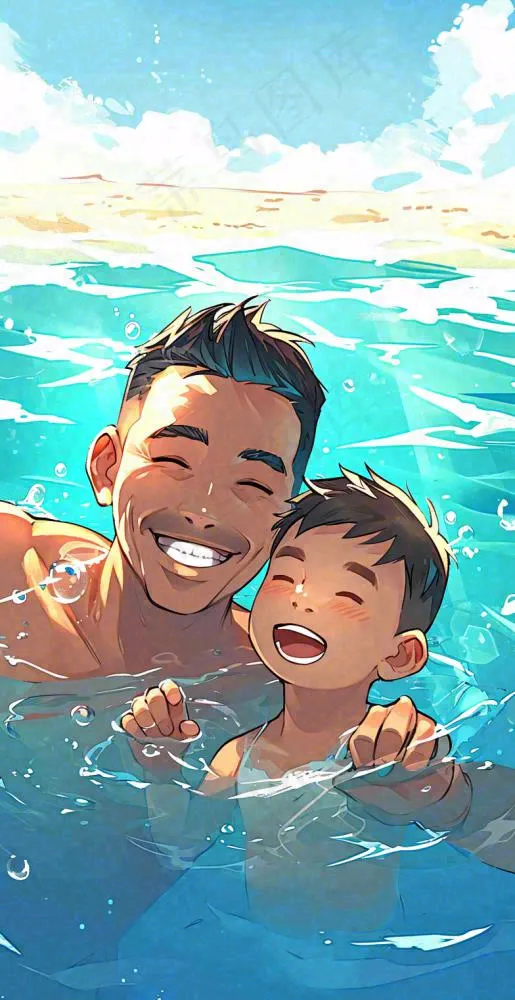 夏天父子游泳泳池蓝天白云清新手绘插画(784x1520)