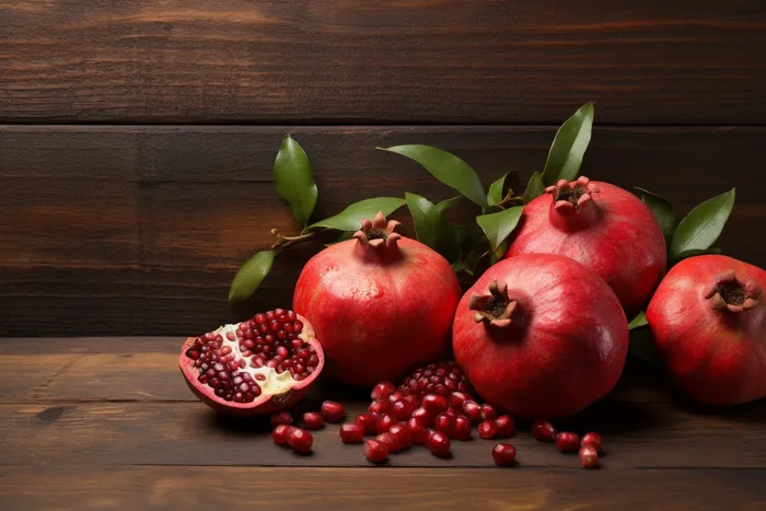 木板上的红石榴水果摄影图(4032x2688)