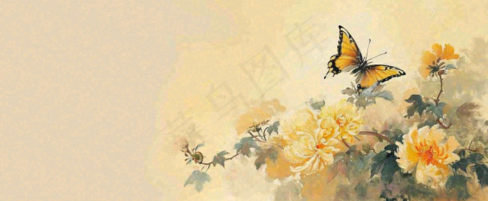 温馨纹理橙色花朵鲜花蝴蝶意境唯美，中国风(1712x704)