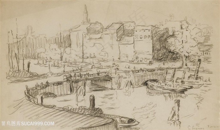 手绘湖畔建筑木桥装饰画插画