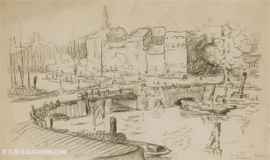 手绘湖畔建筑木桥装饰画插画 手绘湖畔建筑木桥装饰画插画