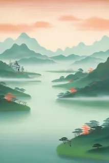 国风清新山河绿植背景