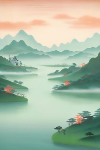 国风清新山河绿植背景