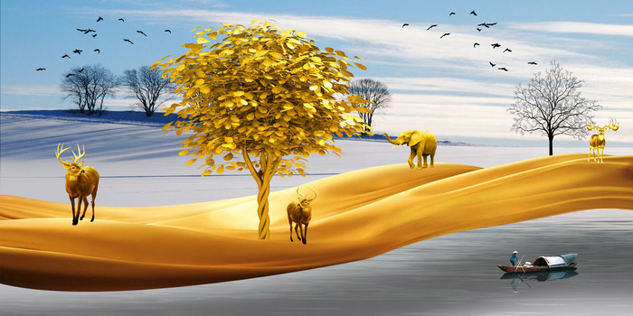 金色山水动物背景