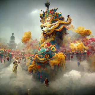 AI插画看天界舞狮 宏伟又虚幻