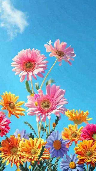 春天蓝天白云草坪鲜花，五彩缤纷鲜艳摄影图