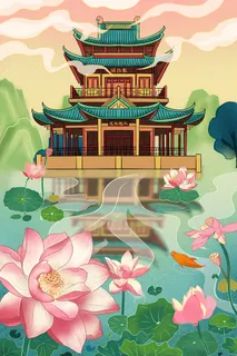 中国风国潮古建筑地标城市古风建筑阁楼印象地标手绘插画PSD素材 中国风国潮古建筑地标城市古风建筑阁楼印象地标手绘插画PSD素材