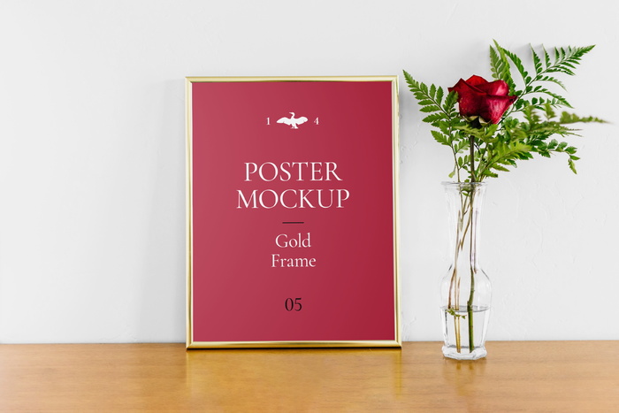 海报展示正视图水平画幅Poster with Gold Frame