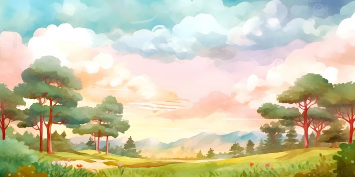 春天蓝天白云草原绿色树草地手绘插画海报素材背景(6144x3072)