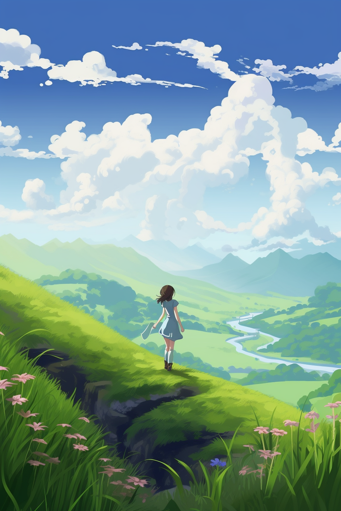 夏日天空女孩站在山上眺望远方草丛小花绿色卡通插画素材(x)
