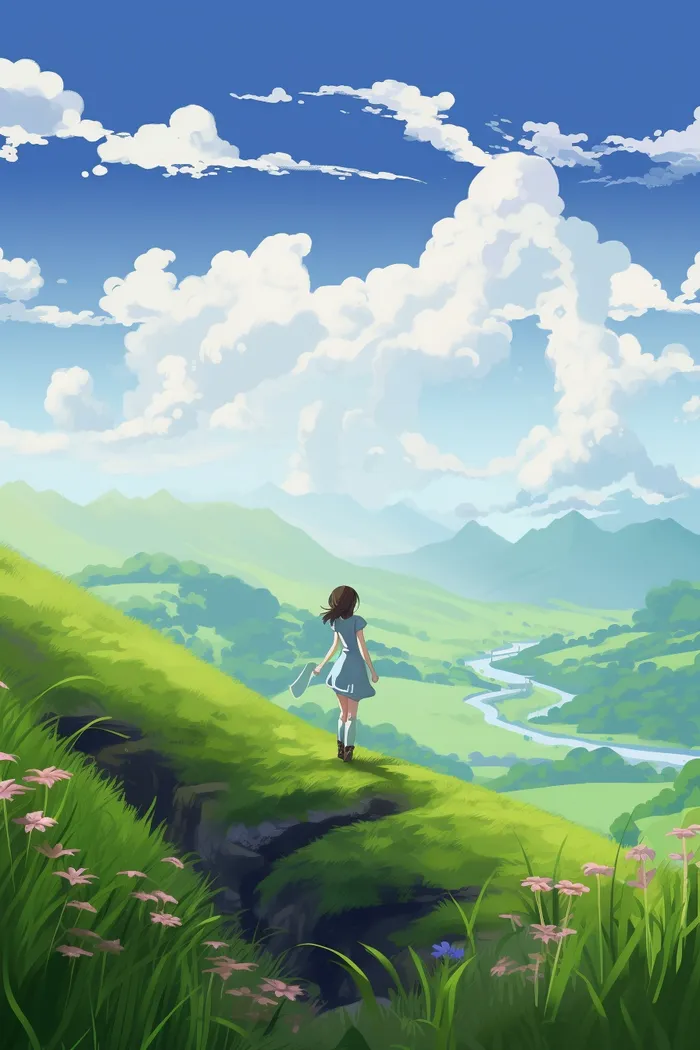 夏日天空女孩站在山上眺望远方草丛小花绿色卡通插画素材(x)