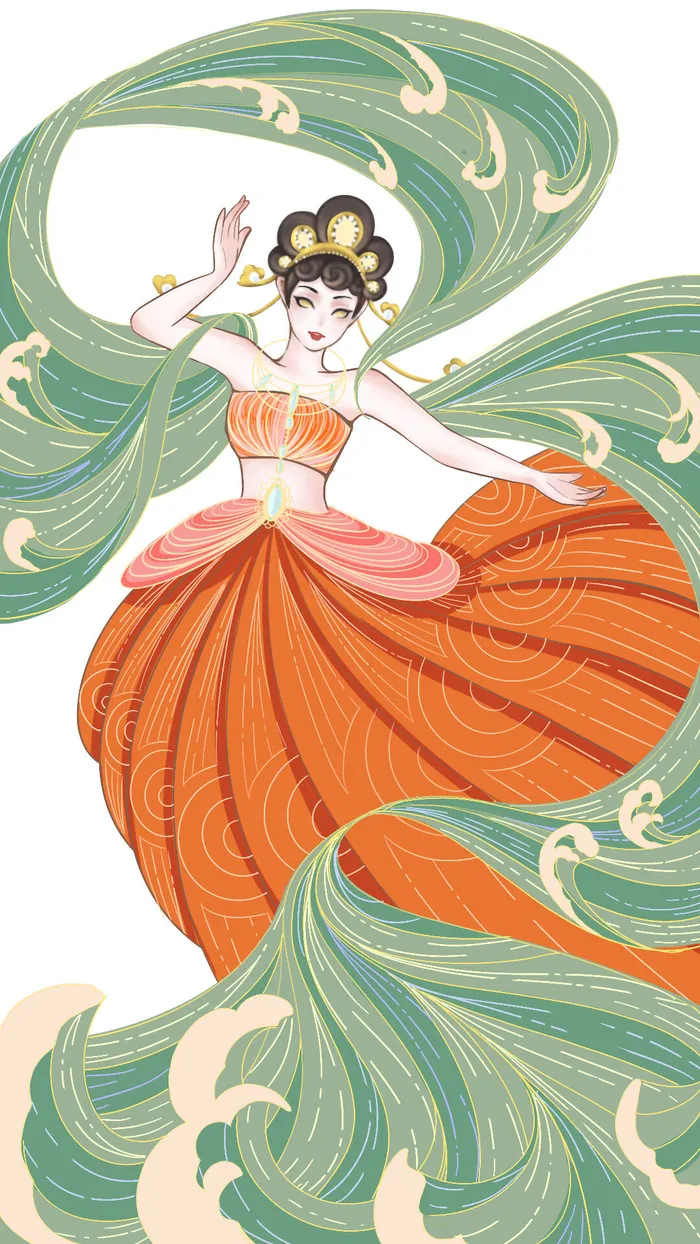 手绘国潮中国风古代敦煌神话飞天仙女美女古装人物插画PSD素材