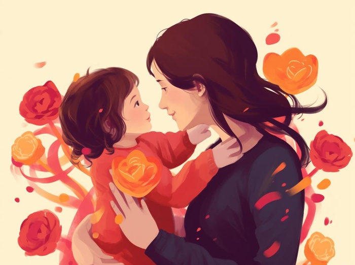 母亲节妈妈拥抱着孩子花海手绘插画素材海报背景(1264x944)