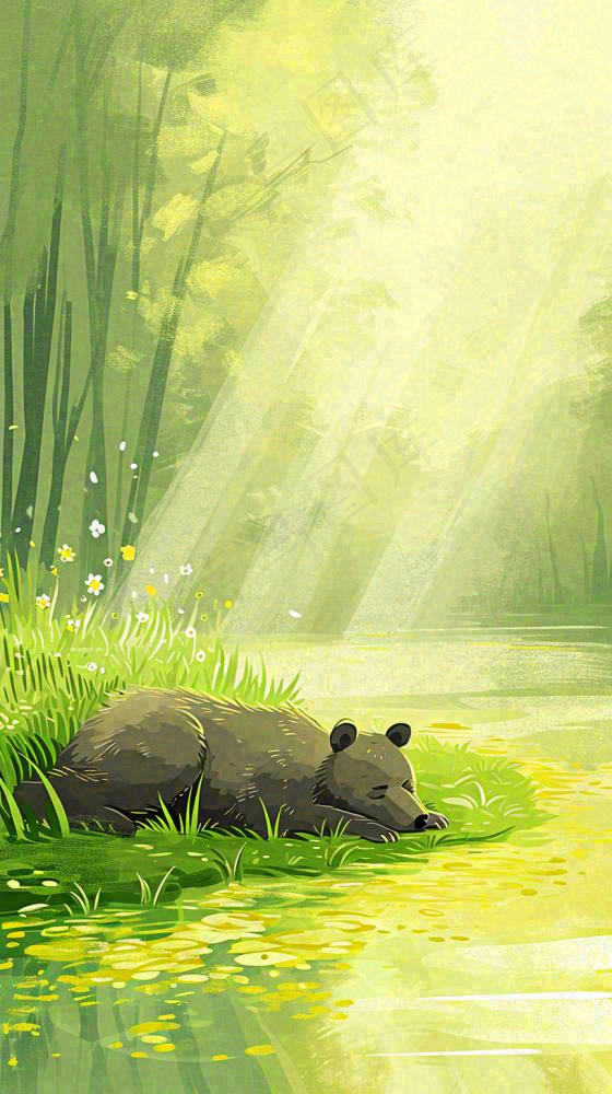 夏日森林丛林阳光绿色河面草丛树木手绘插画，夏至小暑大暑(816x1456)