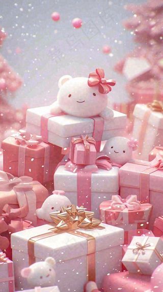 礼物粉色唯美C4D效果儿童小熊，圣诞树圣诞节