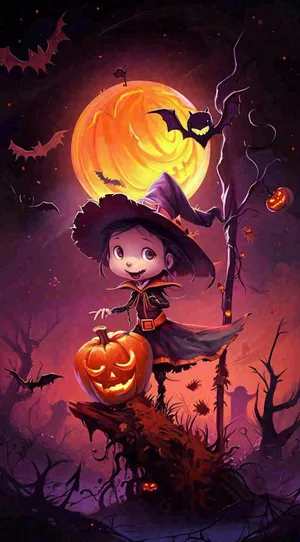 万圣节夜晚黑色南瓜恐怖卡通小鬼手绘插画