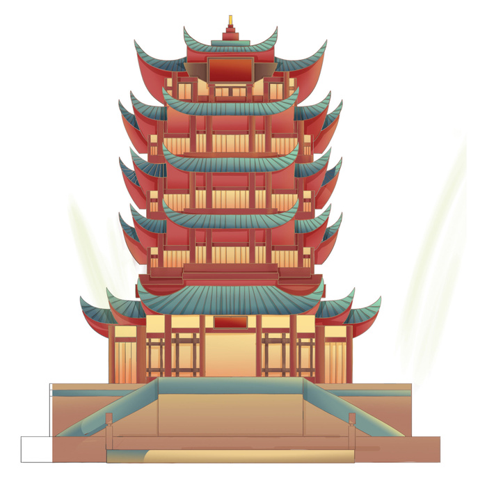 复古中国风国潮古建筑插画手绘高楼古塔PSD素材亭子png免抠图psd模版下载