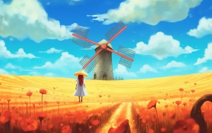秋天麦田里的女孩背影插画背景(1376x864)