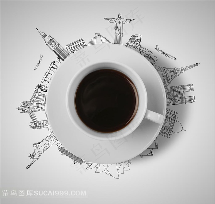 咖啡和城市建筑素描图