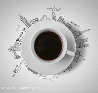 咖啡和城市建筑素描图