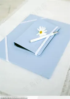 蓝色封面的文件夹和圆珠笔