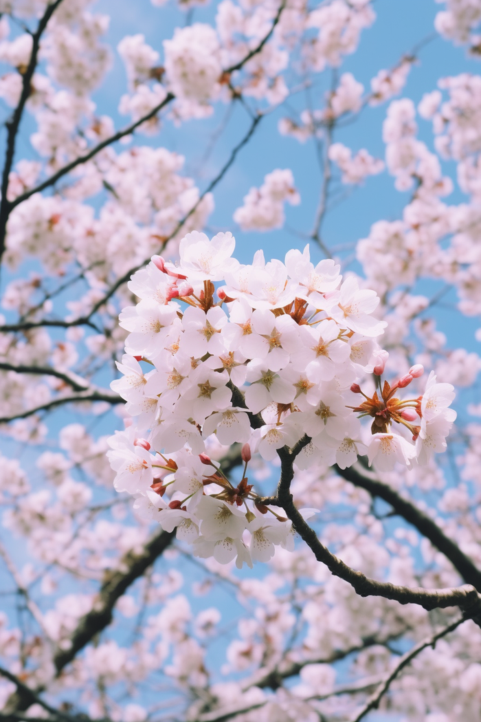 蓝天里盛开的樱花淡粉色摄影图