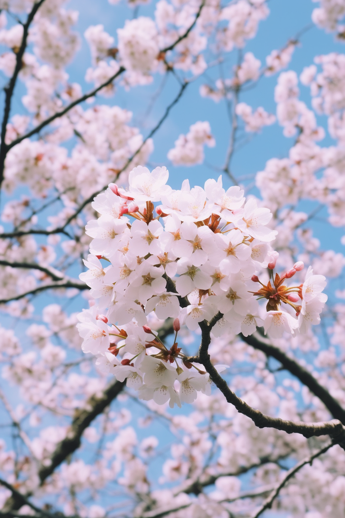 蓝天里盛开的樱花淡粉色摄影图(2688x4032)