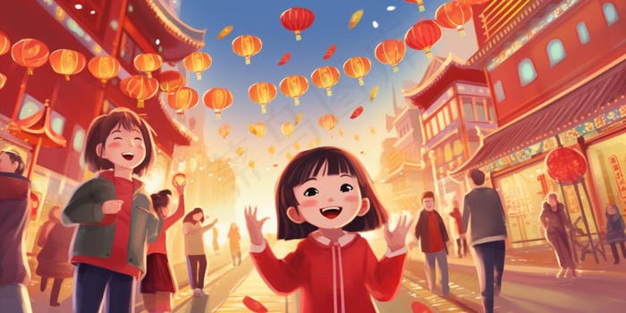 新年除夕街上欢灯结彩孩子们追逐打闹迎接新年喜庆卡通插画背景