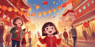 新年除夕街上欢灯结彩孩子们追逐打闹迎接新年喜庆卡通插画背景