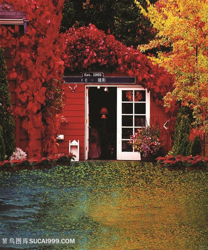 木屋草地风景画