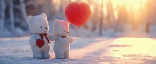 冬天雪地落日下爱情小熊，浪漫雪花情人节520爱情气球摄影图
