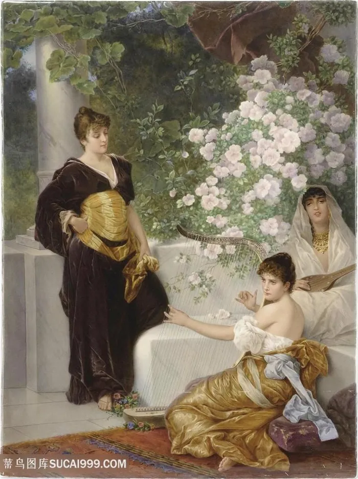阿尔玛油画唯美白色花卉美女装饰画