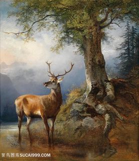 唯美树林与鹿油画图片