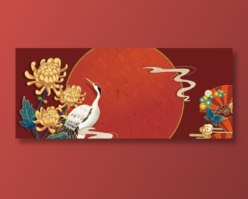 手绘仙鹤菊花国潮风展板背景(1920x800)psd模版下载