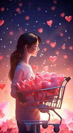 爱心购物车礼物浪漫粉色手推车，3D插画
