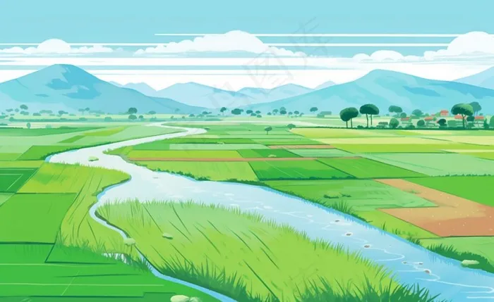 乡村村庄美丽风景河流插画农田插画背景(1408x864)