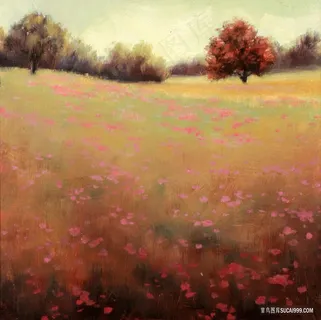 草丛小树高清油画风景画