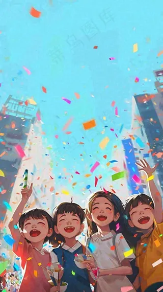 青年狂欢庆祝活动手绘插画，彩带街道