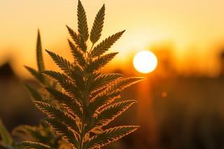 落日下的草丛绿叶映照着余晖摄影图