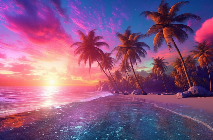 有棕榈树的海滩和清澈的海滩傍晚晚霞红色风格插画背景(4080x2688)
