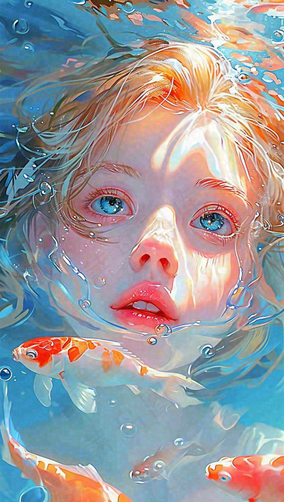 海底世界金鱼鱼类和小女孩人物游泳(816x1440)